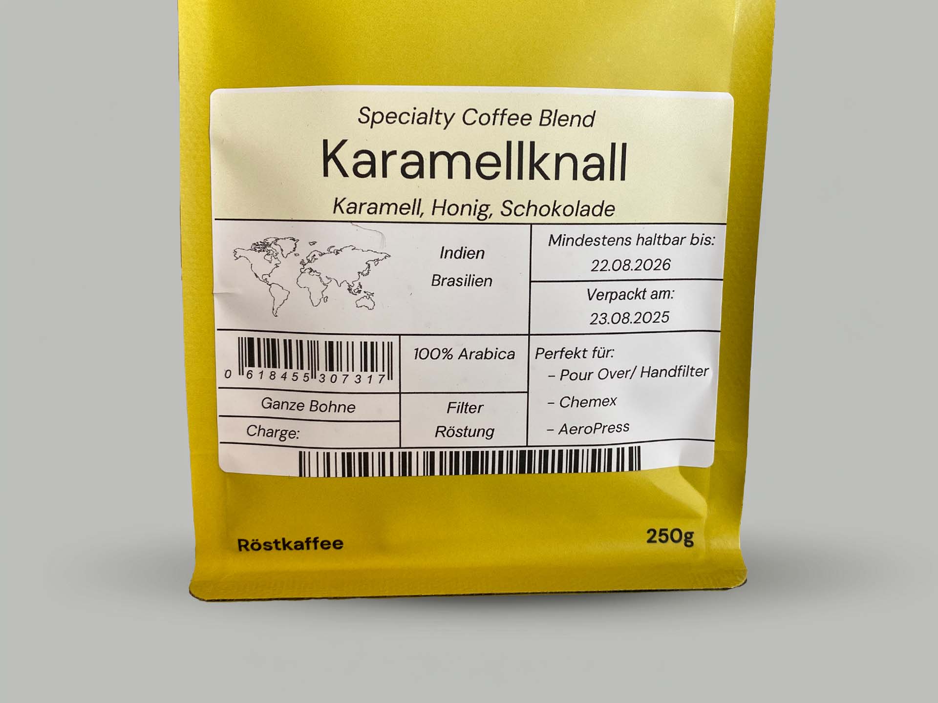 Karamellknall Blend von Kaffeeknall – Detailaufnahme des Etiketts, Brasilien & Indien Arabica