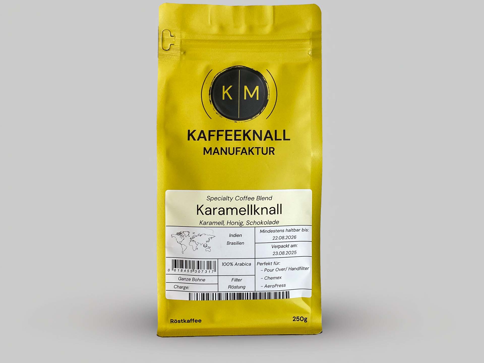 Karamellknall Specialty Coffee Blend von Kaffeeknall – Filterkaffee mit Noten von Karamell, Honig und Schokolade, Frontansicht