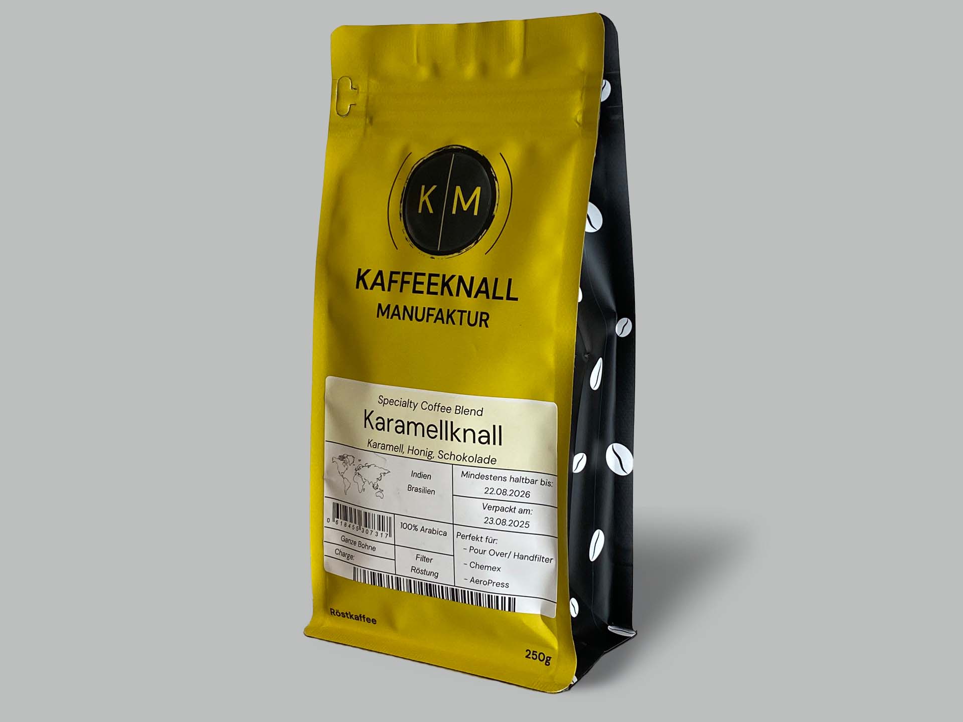 Karamellknall Kaffee von Kaffeeknall – Blend aus Brasilien und Indien, Seitenansicht der Verpackung