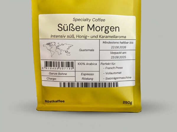 Süßer Morgen von Kaffeeknall – Detailansicht des Etiketts, Guatemala Single Origin