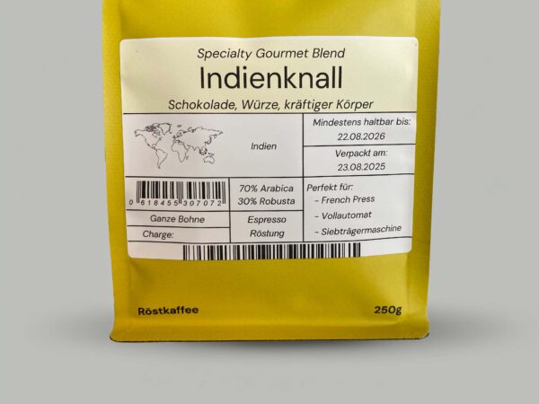 Indienknall Kaffee von Kaffeeknall – Detailansicht des Etiketts mit Blend 70% Arabica 30% Robusta