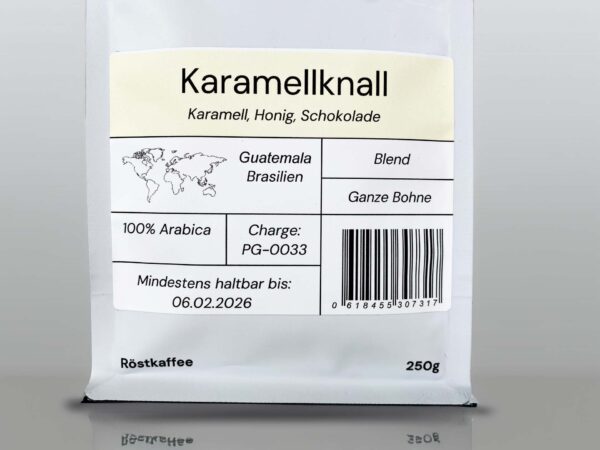 Karamellknall – 100% Arabica Kaffee Blend aus Guatemala und Brasilien mit Noten von Karamell, Honig und Schokolade.