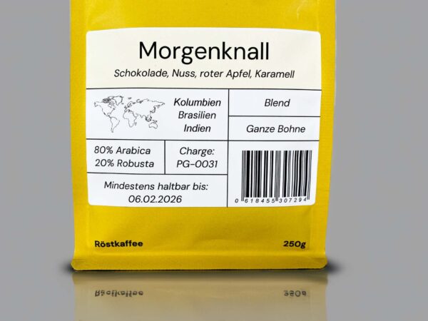 Morgenknall – Aromatischer Kaffeeblend mit Noten von Schokolade, Nuss, rotem Apfel und Karamell. Perfekt für Kaffeeliebhaber.