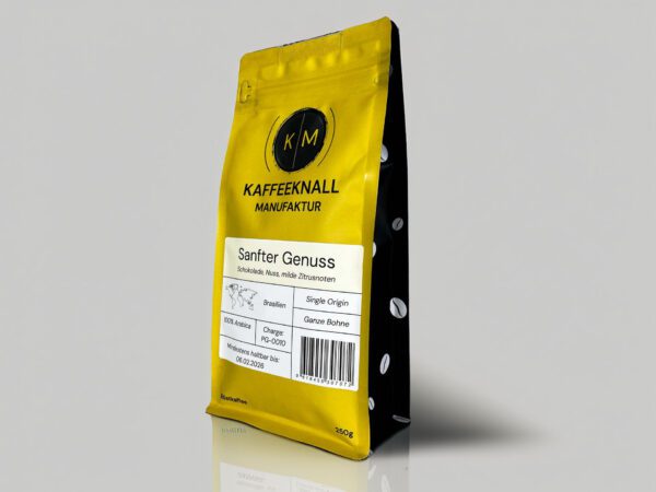 Ganze Bohne Kaffee aus Brasilien – Sanfter Genuss mit schokoladigem, nussigem Aroma und einer milden Zitrusnote.