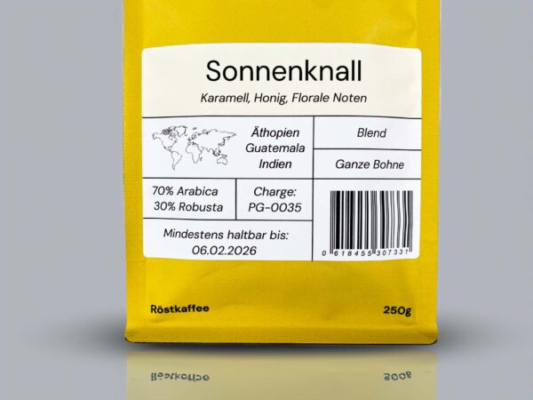 Sonnenknall – hochwertiger Blend aus 70% Arabica und 30% Robusta mit Karamell-, Honig- und floralen Noten.