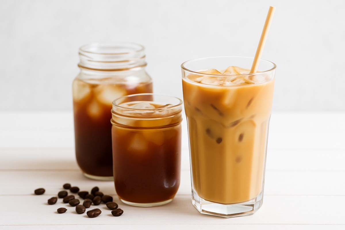 Drei erfrischende Iced Coffees auf einem hellen Sommertisch bei heißem Wetter