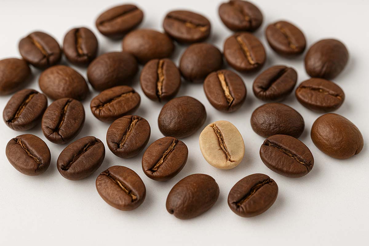 Defekte Kaffeebohnen (Quaker) mit hellem Hintergrund auf Edelstahlfläche, Nahaufnahme