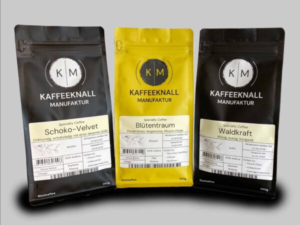 Aromenreise Set Kaffeeknall – drei Kaffees im Probierpaket, Direktansicht