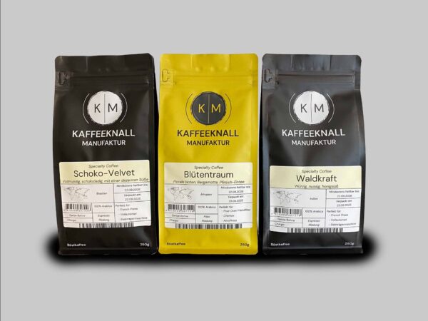 Aromenreise Set von Kaffeeknall – Probierpaket mit 3 Kaffees, Frontansicht