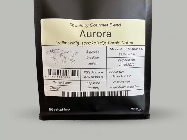 Aurora Espressoblend von Kaffeeknall – Detailansicht des Etiketts mit Herkunft Brasilien, Äthiopien, Indien