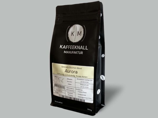 Aurora Espressoblend von Kaffeeknall – Seitenansicht der Verpackung, Brasilien, Äthiopien & Indien