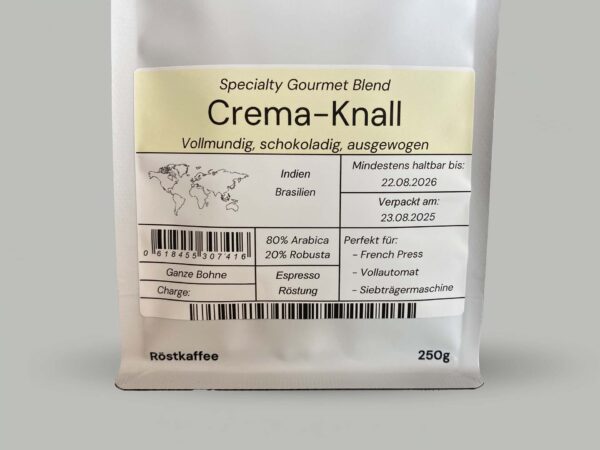 Crema-Knall Kaffee Crema Blend – Detailansicht des Etiketts mit Herkunft Brasilien & Indien