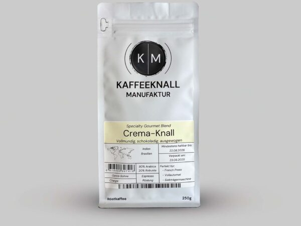 Crema-Knall Kaffee Crema von Kaffeeknall – Frontansicht der Verpackung, vollmundig und ausgewogen