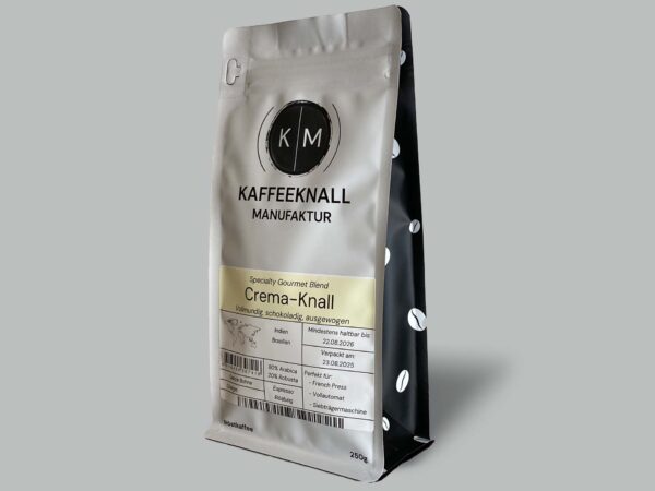 Crema-Knall Kaffee Crema Blend von Kaffeeknall – Seitenansicht der Verpackung, Brasilien & Indien