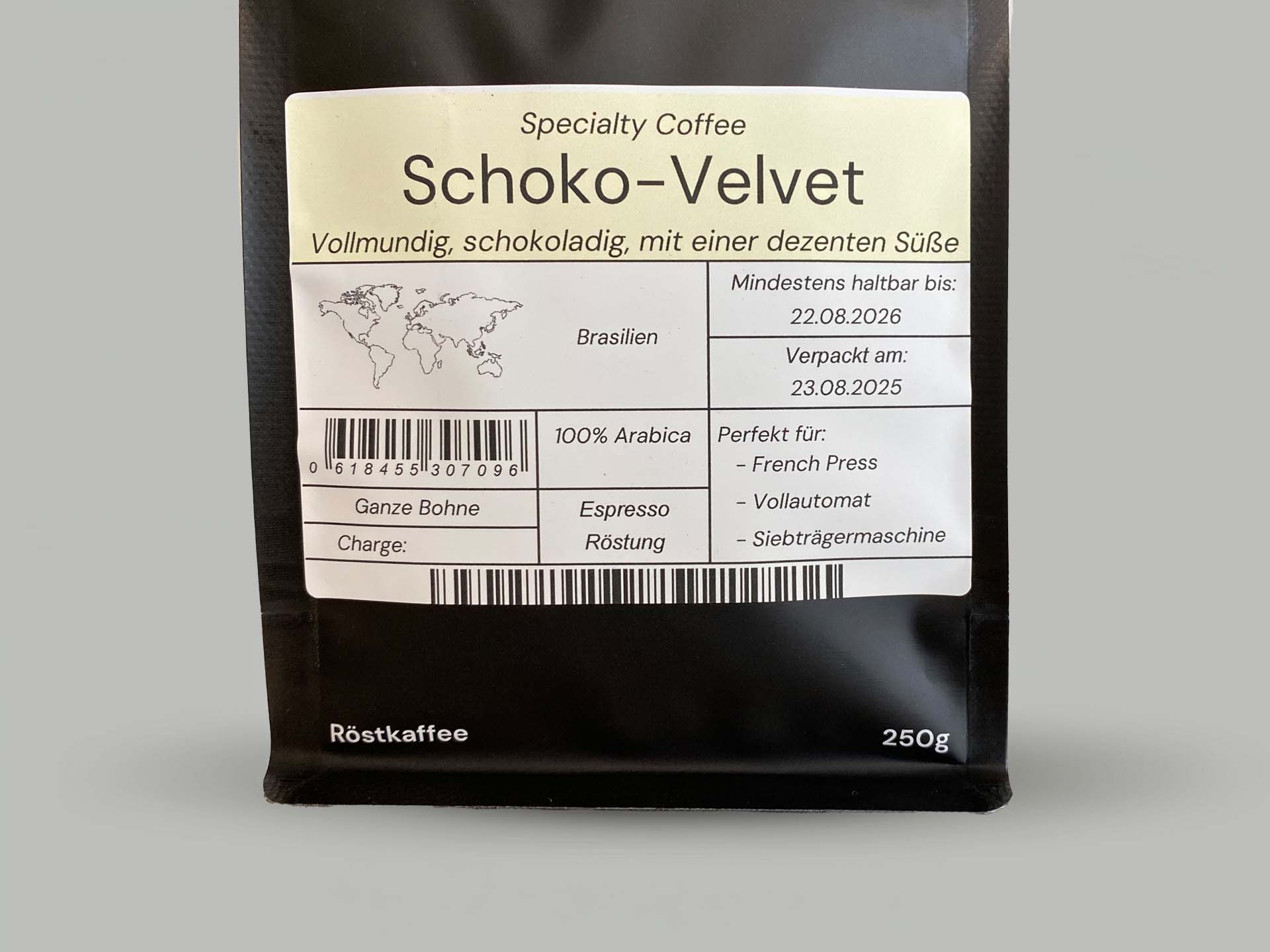 Schoko-Velvet von Kaffeeknall – Detailansicht des Etiketts, Brasilien Arabica
