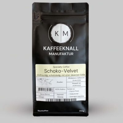 Schoko-Velvet Kaffee von Kaffeeknall – Brasilien Arabica, schokoladig und vollmundig, Frontansicht