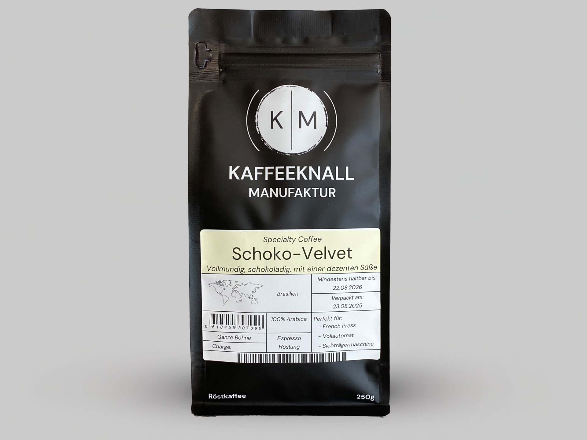 Schoko-Velvet Kaffee von Kaffeeknall – Brasilien Arabica, schokoladig und vollmundig, Frontansicht