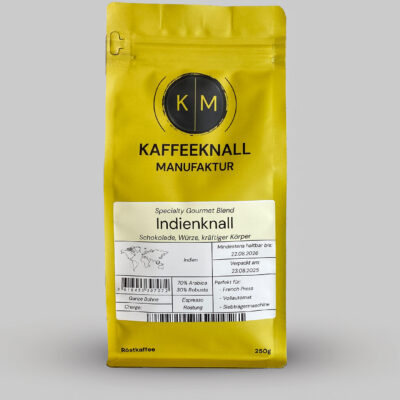 Indienknall Espressoblend von Kaffeeknall – kräftiger Körper mit Schokolade und Würze, Frontansicht