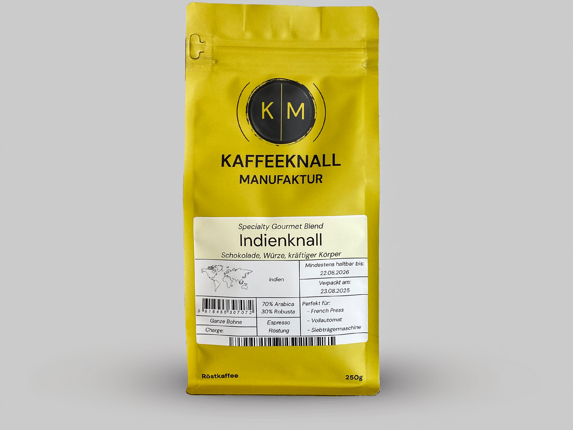 Indienknall Espressoblend von Kaffeeknall – kräftiger Körper mit Schokolade und Würze, Frontansicht