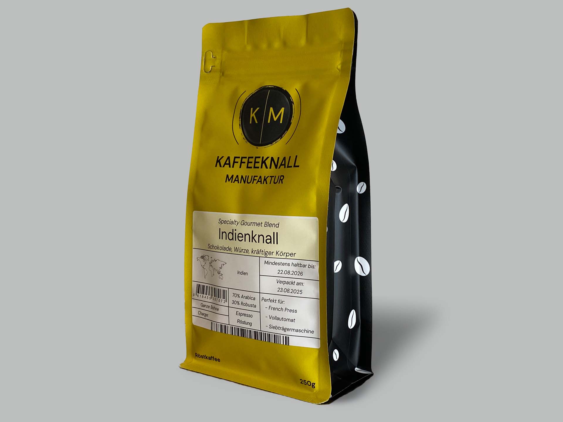 Indienknall von Kaffeeknall – Espressoblend 70/30 mit kräftigem Körper, Seitenansicht der Verpackung