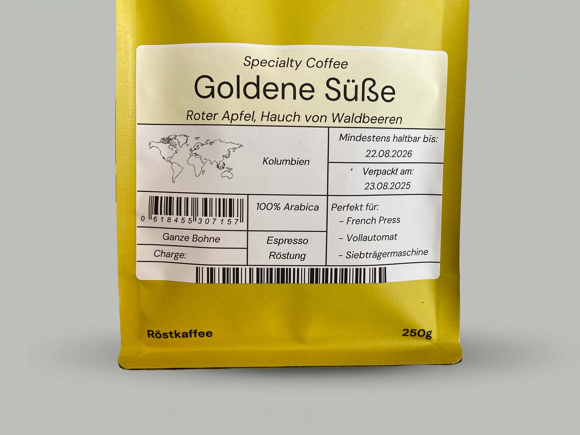 Goldene Süße Kaffee von Kaffeeknall – Detailaufnahme des Etiketts, Kolumbien Single Origin