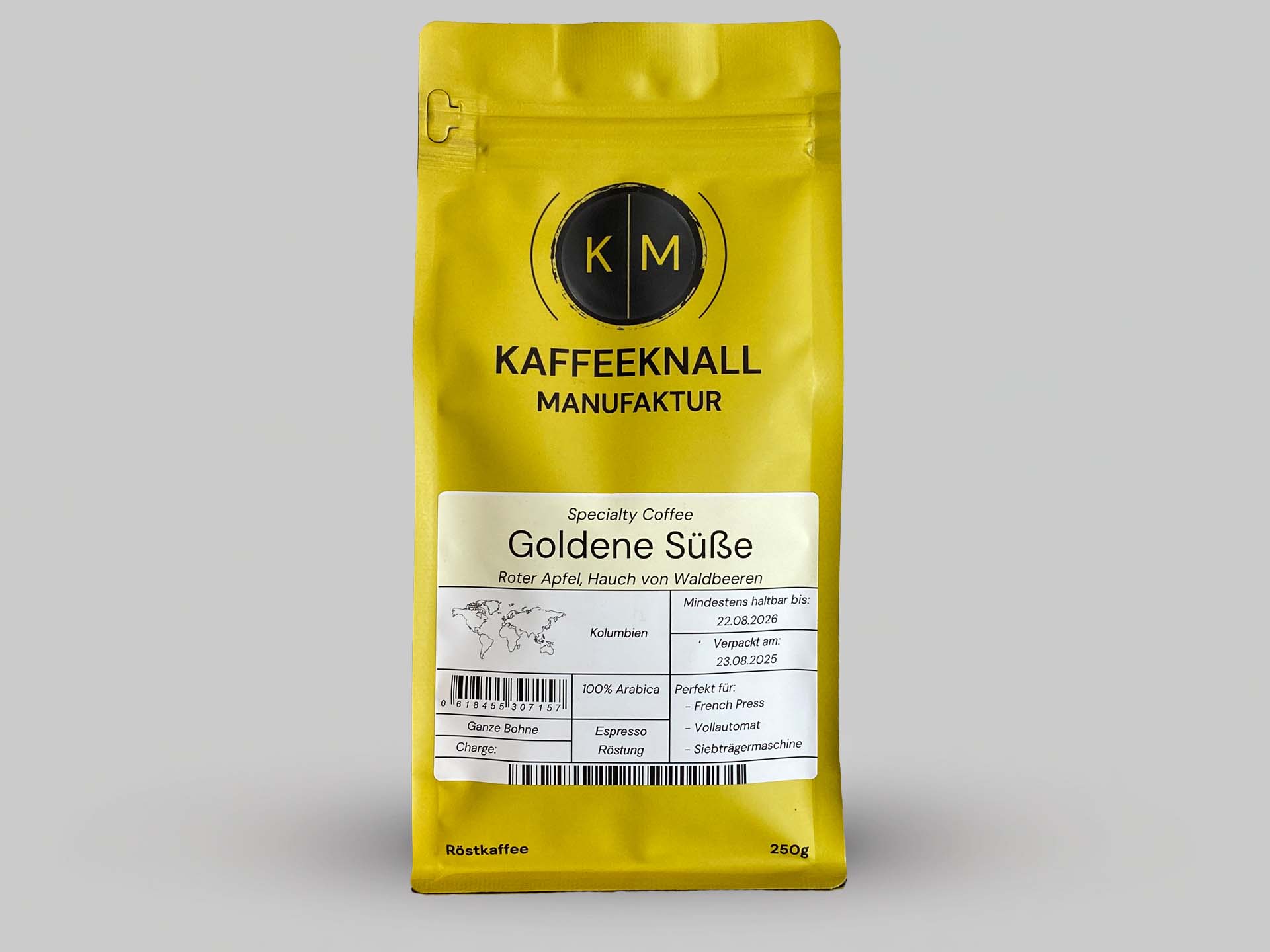Goldene Süße von Kaffeeknall – Kolumbien Arabica mit rotem Apfel und Waldbeeren, Frontansicht