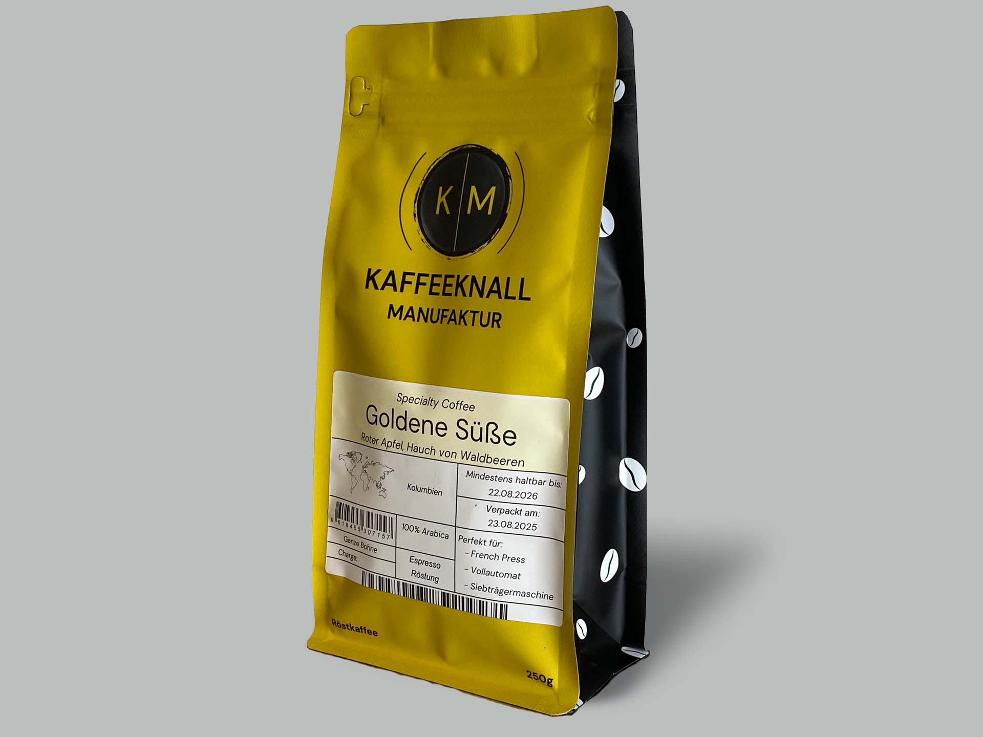 Goldene Süße Kaffee von Kaffeeknall – Kolumbien Single Origin 100 % Arabica, Seitenansicht der Verpackung