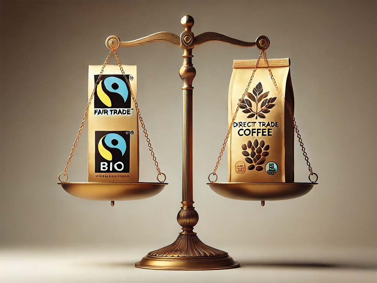 Vergleich zwischen Fair Trade, Bio und Specialty Coffee: Eine Waage mit Fair Trade- und Bio-Siegeln auf der einen Seite und Specialty Coffee mit Direct Trade auf der anderen Seite.