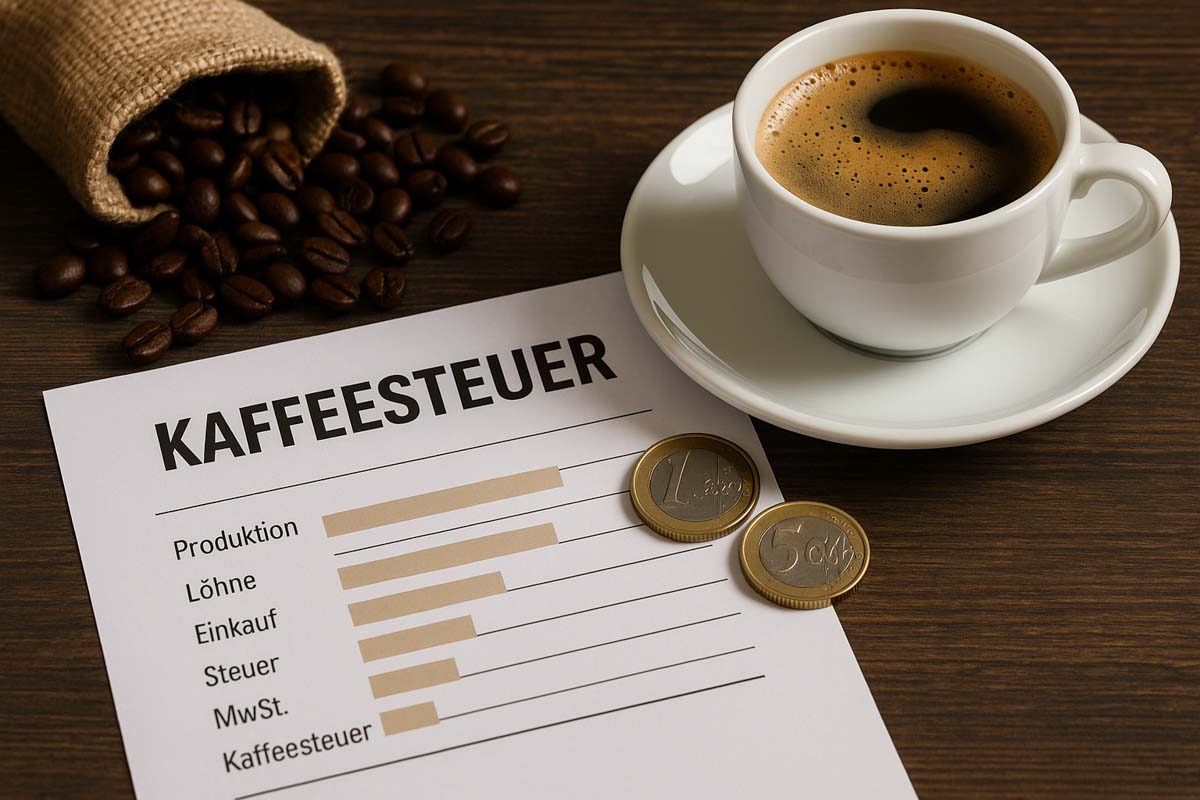 Kaffeetasse mit Kostenübersicht: Kaffeesteuer, MwSt., Einkauf und Produktion als Teil der Preisbildung