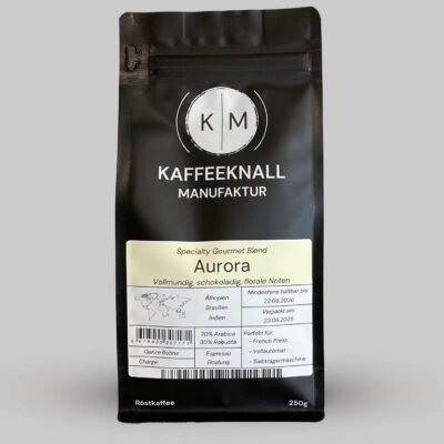 Aurora Kaffee von Kaffeeknall – Frontansicht, Espressoblend aus Brasilien, Äthiopien & Indien