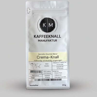 Crema-Knall Kaffee Crema von Kaffeeknall – Frontansicht der Verpackung, vollmundig und ausgewogen