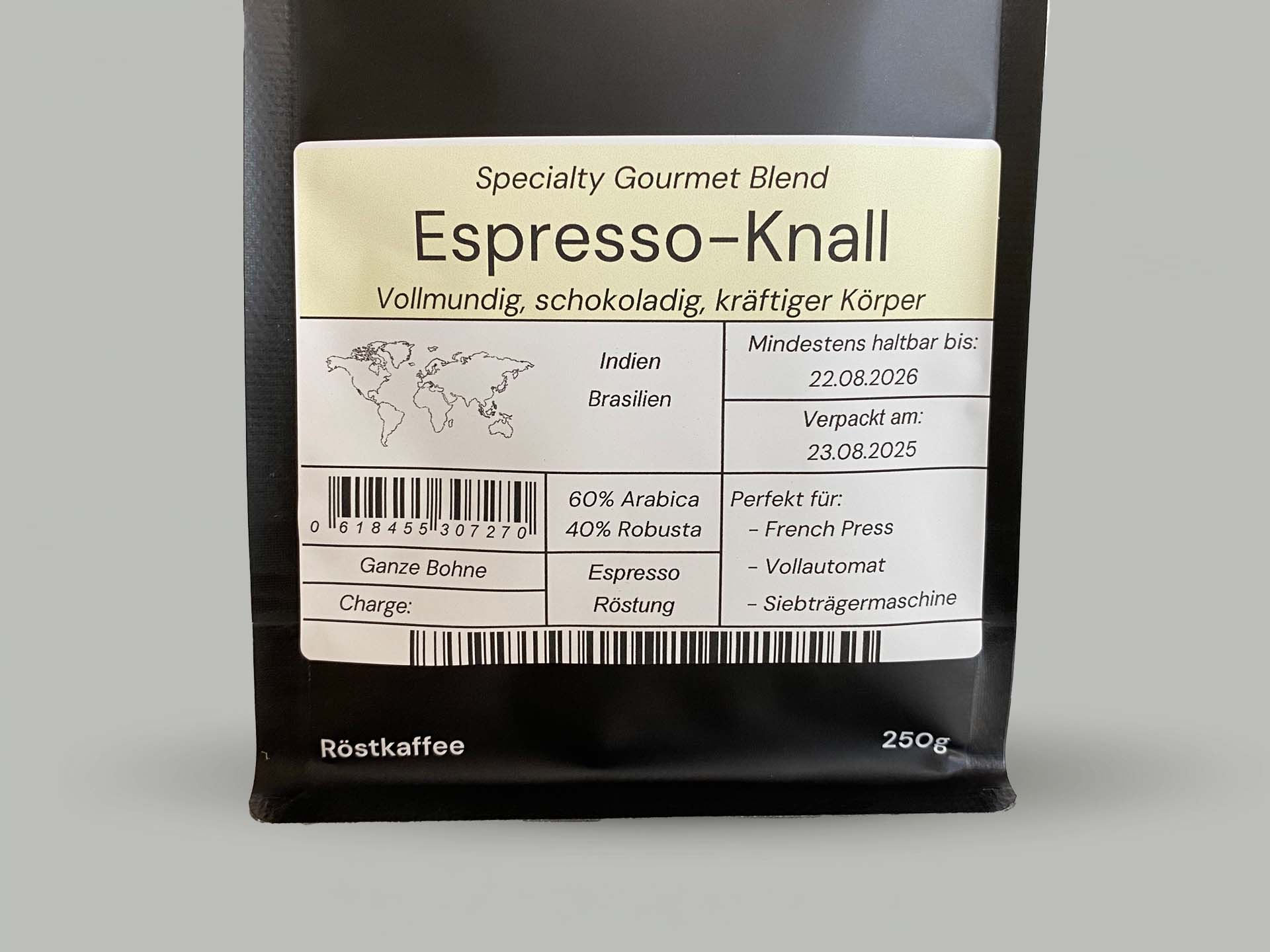 Espresso-Knall von Kaffeeknall – Detailansicht des Etiketts mit 60 % Arabica und 40 % Robusta