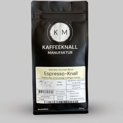 Espresso-Knall Kaffee von Kaffeeknall – Frontansicht der Verpackung, Blend aus Brasilien und Indien