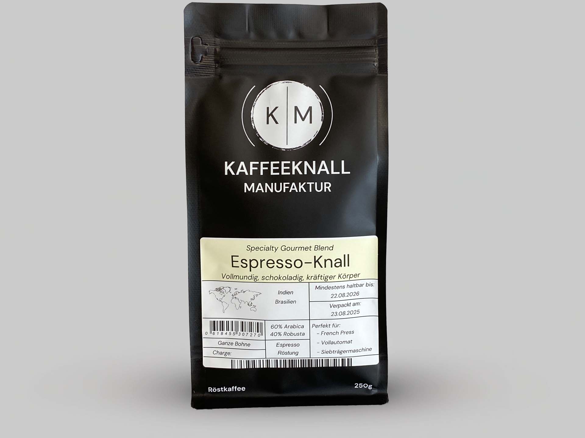 Espresso-Knall Kaffee von Kaffeeknall – Frontansicht der Verpackung, Blend aus Brasilien und Indien