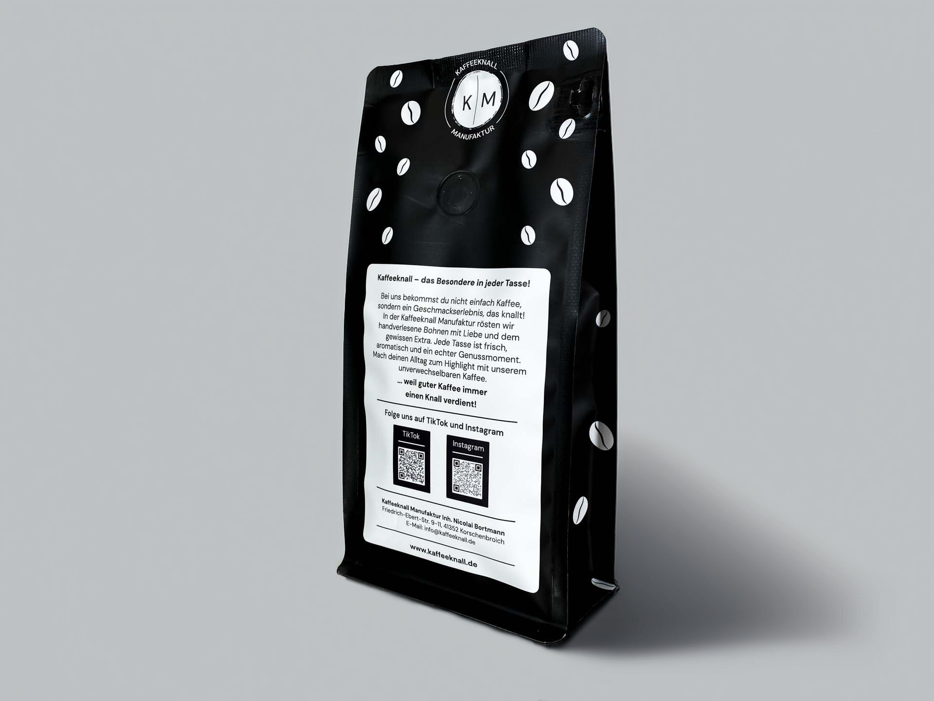 Espresso-Knall von Kaffeeknall – Rückseite der Verpackung mit Infos zur Rösterei und Zubereitung