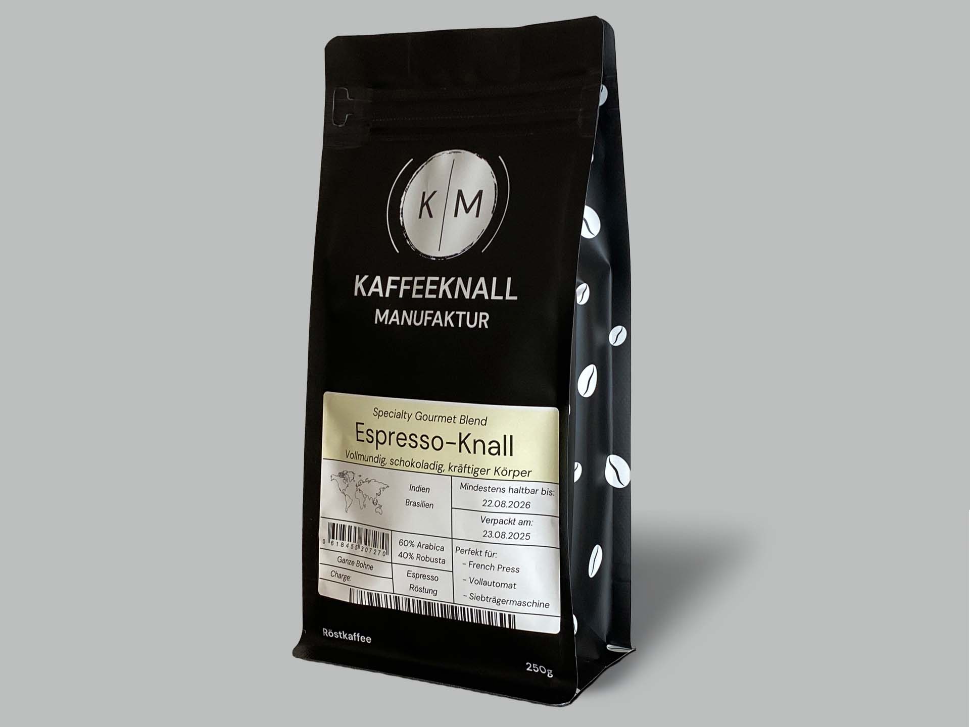 Espresso-Knall von Kaffeeknall – Seitenansicht der Verpackung, Espresso-Blend aus Brasilien & Indien