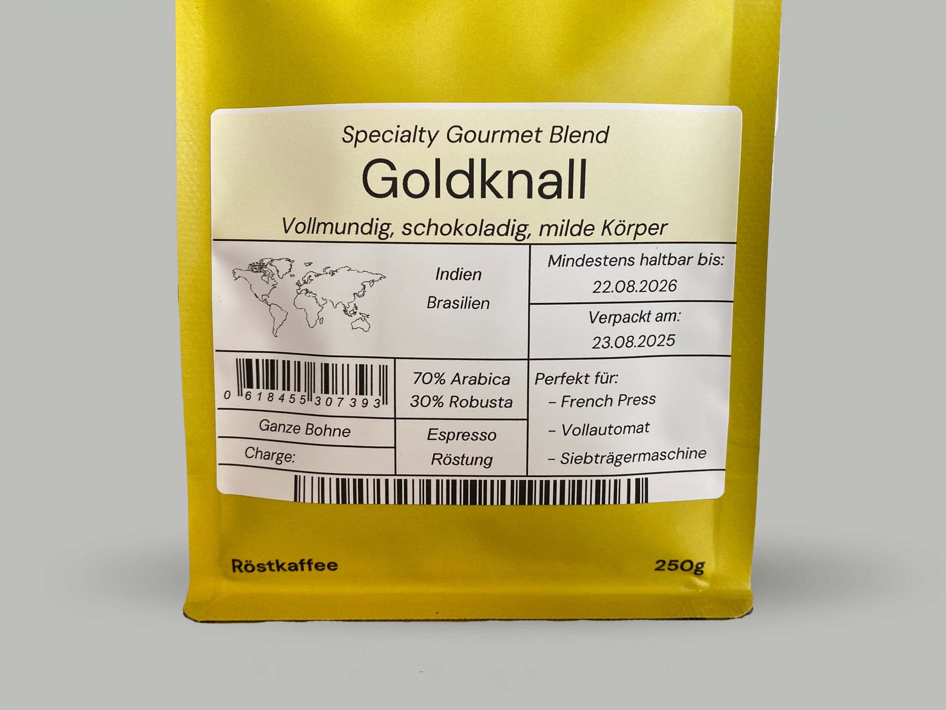Goldknall Kaffee Blend – Detailansicht des Etiketts mit Herkunft Brasilien & Indien, 70 % Arabica, 30 % Robusta