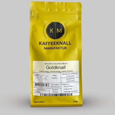 Goldknall Kaffee von Kaffeeknall – Frontansicht der Verpackung, Espresso- und Café Crème-Blend aus Brasilien & Indien