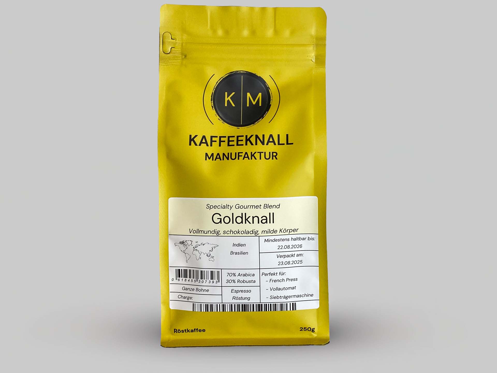 Goldknall Kaffee von Kaffeeknall – Frontansicht der Verpackung, Espresso- und Café Crème-Blend aus Brasilien & Indien
